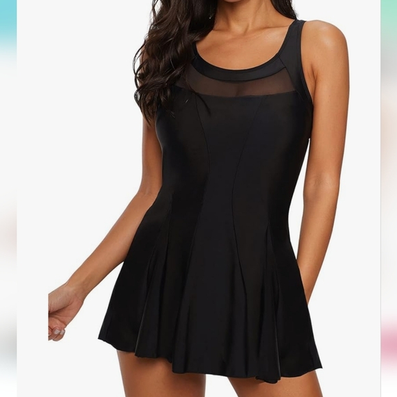 AMERICAN TREND Mesh Tummy Control Swimdress - Picture 1 of 6
